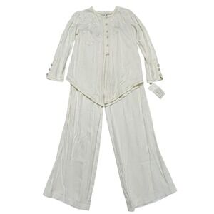 VTG D.Frank Women Ivory Embroidered Pearl Button Long Sleeve Wide Leg Lounge Set